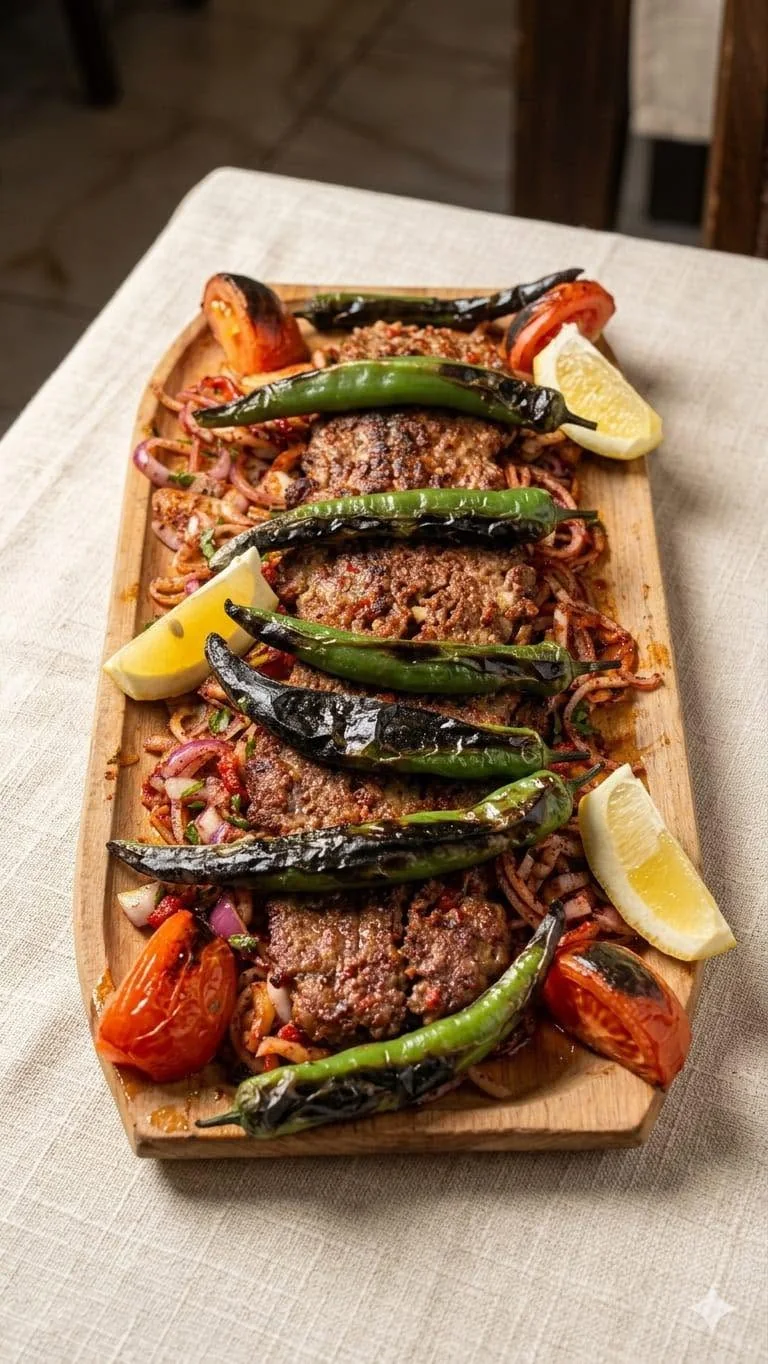 Adana kebap cu ardei copți și garnituri
