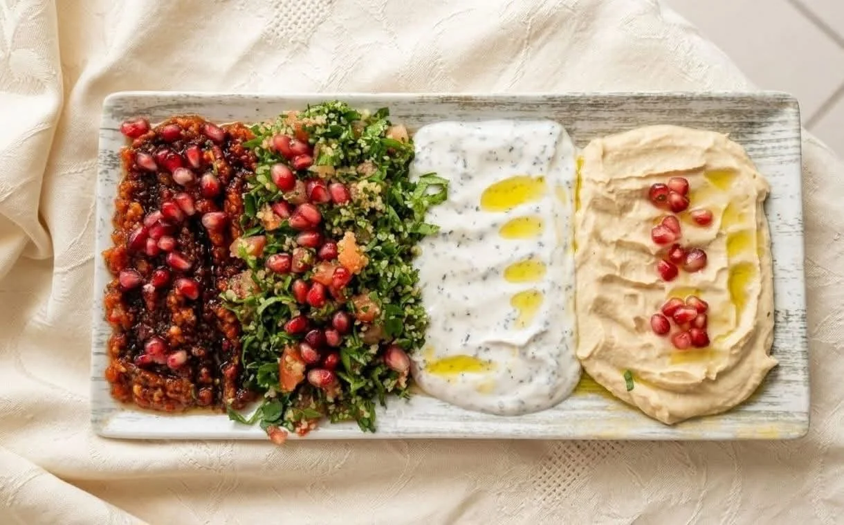 Selecție de meze turcești: humus, tabule, ezme și haydari